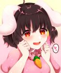  1girl animal_ears bangs black_hair blush carrot_necklace commentary_request dress enishida_tsuna eyebrows_visible_through_hair floppy_ears frilled_dress frills hands_on_own_cheeks hands_on_own_face inaba_tewi looking_at_viewer open_mouth pink_dress puffy_short_sleeves puffy_sleeves rabbit_ears red_eyes ribbon-trimmed_dress short_hair short_sleeves smile solo touhou upper_body 