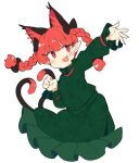  1girl animal_ear_fluff animal_ears blush bow braid cat_ears cat_tail clenched_hand dress extra_ears fang fingernails green_dress ini_(inunabe00) kaenbyou_rin long_eyelashes multiple_tails open_mouth pointy_ears pose red_eyes redhead sharp_fingernails slit_pupils smile solo tail touhou twin_braids two_tails white_background 