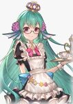  1girl alternate_costume arms_behind_back commentary crown cup earrings enmaided eyebrows_visible_through_hair finana_ryugu flower frills glasses green_hair hair_flower hair_ornament head_fins highres holding holding_tray jewelry jun_wei long_hair looking_at_viewer maid nijisanji nijisanji_en puffy_short_sleeves puffy_sleeves red_eyes short_sleeves smile solo teapot tray very_long_hair virtual_youtuber wrist_cuffs 