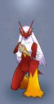  alternate_color blaziken blue_eyes closed_mouth colored_sclera commentary full_body grey_background hand_up highres looking_at_viewer one_knee pkpokopoko3 pokemon pokemon_(creature) red_fur shiny_pokemon solo yellow_sclera 