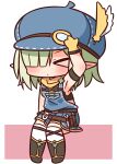 &gt;_&lt; 1girl aoi_(princess_connect!) arm_up armpits bare_shoulders black_footwear black_tank_top blue_headwear blush boots cabbie_hat chibi closed_eyes closed_mouth facing_viewer feathers full_body gloves green_hair hair_over_one_eye hana_kazari hat hat_feather highres overall_skirt pink_background pointy_ears princess_connect! sitting solo tank_top thigh-highs thighhighs_under_boots two-tone_background white_background white_feathers white_legwear yellow_feathers yellow_gloves 