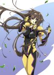  1girl :o bangs black_bodysuit bodysuit breasts brown_hair covered_navel eyebrows_visible_through_hair fortified_suit highres kamon_rider leaf leaning_to_the_side long_hair looking_at_viewer medium_breasts muvluv muvluv_alternative muvluv_total_eclipse open_mouth skin_tight solo takamura_yui very_long_hair violet_eyes 