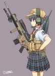  1girl baseball_cap bipod black_hair bullet collared_shirt from_side gloves green_gloves grey_background gun hand_on_hip hat headset highres looking_to_the_side magazine_(weapon) military necktie original plaid plaid_skirt pleated_skirt ponytail red_eyes red_neckwear rifle scope shirt short_sleeves skirt smile sniper sniper_rifle sniper_scope solo stolas_(lemegeton) weapon white_shirt yellow_headwear 