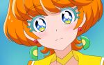  1girl blue_background blue_eyes blush choker close-up closed_mouth colored_eyelashes cure_papaya damascus_(dearigazu2001) earrings face food-themed_earrings heart heart_in_eye highres ichinose_minori jewelry mismatched_eyelashes multicolored_eyes orange_hair precure short_hair simple_background solo split_mouth symbol_in_eye tropical-rouge!_precure yellow_choker yellow_eyes 