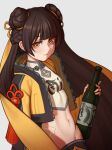  1girl absurdres bandaid bandaid_on_face black_survival bottle breasts brown_hair crop_top double_bun fellming glass_bottle highres jacket li_dailin long_hair looking_at_viewer open_clothes open_jacket simple_background small_breasts soju solo upper_body very_long_hair white_background yellow_eyes yellow_jacket yellow_nails 