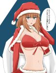  1girl bangs bikini bow bow_bikini brave_witches breasts brown_hair capelet christmas commentary elbow_gloves eyebrows_visible_through_hair fur-trimmed_capelet fur-trimmed_skirt fur_collar fur_trim gloves gundula_rall hat highres holding holding_sack large_breasts looking_at_viewer medium_hair navel open_mouth over_shoulder red_bikini red_capelet red_gloves red_headwear red_skirt sack santa_bikini santa_gloves santa_hat shikokuken_(mrykk24) skirt solo swimsuit translated upper_body world_witches_series 