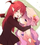  2girls ;| bangs bare_shoulders black_skirt black_vest blue_ribbon blush bow breasts closed_eyes closed_mouth commentary_request crescent crescent_hat_ornament demon_girl demon_tail demon_wings dot_nose dress eyelashes fang flying_sweatdrops hair_ribbon hat hat_bow hat_ornament head_wings heart highres hug koakuma large_breasts long_hair long_sleeves looking_at_viewer mob_cap multiple_girls necono_(nyu6poko) one_eye_closed open_mouth patchouli_knowledge pointy_ears purple_hair red_bow redhead ribbon shirt sidelocks skin_fang skirt standing striped striped_dress tail touhou tress_ribbon vertical-striped_dress vertical_stripes vest violet_eyes white_shirt wings 
