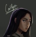  1girl arcane:_league_of_legends artist_name bangs black_hair blue_eyes breif_(breifbattlegirl123) brown_background caitlyn_(league_of_legends) character_name from_side gradient gradient_background highres league_of_legends long_hair looking_at_viewer parted_lips portrait shiny shiny_hair shiny_skin simple_background solo 