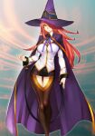 1girl blazblue blazblue_alternative:_dark_war blazblue_phase_0 bow breasts cape hair_over_one_eye hat highres katou_yuuki konoe_a_mercury large_breasts long_hair looking_at_viewer miniskirt necktie official_alternate_costume official_art pantyhose pink_hair purple_bow purple_cape purple_headwear purple_necktie shirt skirt solo thigh-highs thigh_gap third-party_source witch witch_hat yellow_eyes