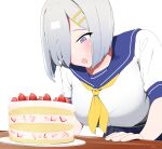  1girl bent_over birthday_cake blue_eyes blue_sailor_collar breasts cake drooling food hair_ornament hairclip hamakaze_(kancolle) hauto-san heart heart-shaped_pupils highres kantai_collection large_breasts mouth_drool neckerchief sailor_collar school_uniform serafuku shirt short_hair short_sleeves silver_hair symbol-shaped_pupils table white_background white_shirt yellow_neckerchief 