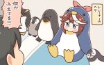  1boy 1girl animal animal_costume bangs bird black_hair blue_eyes blush brown_hair commentary_request eyebrows_visible_through_hair faceless faceless_male kurororo_rororo multicolored_hair penguin penguin_costume red_ribbon ribbon sitting streaked_hair tokai_teio_(umamusume) trainer_(umamusume) umamusume v-shaped_eyebrows white_hair 