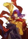 1girl absurdres arm_up bow collared_shirt dress fire_emblem fire_emblem:_path_of_radiance fire_emblem:_radiant_dawn headband highres hime_cut long_hair long_sleeves looking_at_viewer oversized_clothes purple_hair robe sanaki_kirsch_altina serious shirt solo white_background wide_sleeves yellow_eyes yuissad 