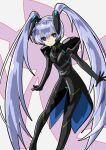  1girl black_gloves eyebrows_behind_hair fortified_suit gloves hair_behind_ear highres juliet_sleeves kamon_rider leaning_forward long_hair long_sleeves muvluv muvluv_alternative open_hands parted_lips pilot_suit puffy_sleeves silver_hair solo twintails very_long_hair violet_eyes yashiro_kasumi 