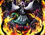  1girl arm_cannon atom bangs bird_wings black_hair black_sun black_wings bow buttons cape closed_mouth collared_shirt colorful commentary_request control_rod feathers fire frilled_shirt_collar frilled_skirt frills full_body gradient_hair green_bow green_skirt hair_bow highres long_hair looking_at_viewer m2_eleeam multicolored_hair puffy_short_sleeves puffy_sleeves red_eyes redhead reiuji_utsuho shirt short_sleeves skirt smile solo sun third_eye touhou very_long_hair weapon white_cape white_shirt wings 