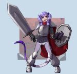  1girl absurdres armor black_sweater blue_eyes braid cosplay english_commentary gloves greaves hair_ornament hairclip head_wings heterochromia highres holding holding_shield holding_sword holding_weapon kart_prowler knight knight_(rogue_legacy) knight_(rogue_legacy)_(cosplay) medium_hair metal_gloves nijisanji nijisanji_en pants pauldrons purple_hair purple_pants rogue_legacy selen_tatsuki shield shoulder_armor single_glove solo sweater sword tail twin_braids violet_eyes virtual_youtuber weapon 