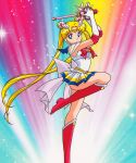 1990s_(style) 1girl arms_up back_bow bishoujo_senshi_sailor_moon blonde_hair blue_eyes boots bow double_bun elbow_gloves gloves highres holding knee_boots leotard long_hair looking_at_viewer magical_girl miniskirt multicolored_clothes multicolored_skirt official_art pink_footwear pleated_skirt retro_artstyle sailor_moon sailor_senshi sailor_senshi_uniform skirt smile solo super_sailor_moon tiara tsukino_usagi twintails very_long_hair 