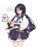  1girl absurdres black_hair black_survival braid breasts food hair_ribbon high-waist_skirt highres hyejin_(black_survival) korean_text long_hair medium_breasts obex117 plate quiver ribbon shirt simple_background skirt solo speech_bubble steak violet_eyes white_background white_shirt 