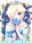  1girl absurdres bare_shoulders blonde_hair blue_eyes blue_flower covering_mouth crown dress earrings eyebrows_visible_through_hair fingernails flower hair_over_one_eye highres holding holding_flower jewelry looking_at_viewer norimaki_(nrmk_norinori) off-shoulder_dress off_shoulder purple_nails rosalina solo star_(symbol) star_earrings strapless strapless_dress super_mario_bros. wide_sleeves 