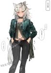  1girl absurdres animal_ears arknights bangs belt black_choker black_hair black_pants blush breasts chain choker eyebrows_visible_through_hair feet_out_of_frame green_jacket green_shirt hair_between_eyes hands_in_pockets highres indra_(arknights) jacket knee_pads long_hair looking_at_viewer medium_breasts multicolored_hair navel neko_no_youchuu open_clothes open_jacket open_mouth pants parted_bangs raised_eyebrow red_belt scar scar_on_cheek scar_on_face scar_on_nose shirt silver_hair simple_background sketch solo sound_effects speech_bubble stomach streaked_hair striped_tail tail tiger_ears tiger_girl tiger_tail translated two-tone_hair white_background yellow_eyes 