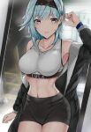  1girl abs bare_shoulders black_jacket black_shorts blue_hair breasts character_name cowboy_shot eula_(genshin_impact) genshin_impact gym_shorts gym_uniform hairband hand_up highres i-chandraws jacket large_breasts long_sleeves looking_at_viewer midriff navel off_shoulder open_clothes open_jacket parted_lips short_shorts shorts solo sports_bra sportswear sweat yellow_eyes 