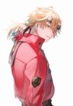  1boy bangs blonde_hair closed_mouth fake_horns genshin_impact green_eyes hair_between_eyes hand_in_hair headband highres horned_headwear horns jacket looking_at_viewer male_focus ponytail red_jacket simple_background solo thoma_(genshin_impact) umemegn upper_body white_background 