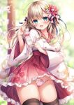  1girl blonde_hair blue_eyes blurry blurry_background blush breasts collarbone commentary_request dress floral_background flower frilled_dress frilled_skirt frills hair_between_eyes hair_flower hair_ornament hair_ribbon hand_up japanese_clothes leaf long_hair looking_at_viewer looking_to_the_side medium_breasts miko mitsuba_choco original panties ribbon skirt smile thigh-highs thighs tree underwear 