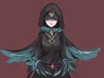  1girl arms_behind_back belt breasts brown_background faceless faceless_female feathers fire_emblem fire_emblem_heroes green_fafnir_(fire_emblem) highres hooded_robe large_breasts looking_at_viewer open_mouth smile solo teeth tgq8j turtleneck upper_body upper_teeth 