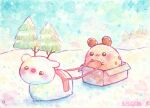  :3 animal animal_focus artist_name bisquii box chibi chipi closed_mouth commentary cookie deer food no_humans original painting_(medium) pine_tree rabbit reindeer sky sled snow sparkle traditional_media tree watercolor_(medium) winter 