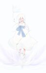  1girl barefoot collarbone dress flower highres long_hair nier nier_(series) nobi_(ro_as) open_mouth silver_hair simple_background smile solo white_background white_dress yonah 