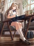  an-94_(girls&#039;_frontline) bag blonde_hair blue_eyes blue_skirt blurry blurry_background blush breasts chair cup desk girls_frontline hair_ornament headband legs long_hair looking_at_another looking_at_viewer looking_down ribbon shirt shoes short_sleeves silence_girl skirt table teacup thighs tree twintails window wooden_chair wooden_floor wooden_table 