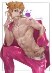  1boy absurdres bare_pectorals blonde_hair blue_eyes braid flower flower_in_mouth giorno_giovanna grandia_lee highres jacket jojo_no_kimyou_na_bouken looking_at_viewer male_focus mouth_hold off_shoulder open_clothes pants pectorals pink_jacket pink_pants purple_flower purple_rose rose toned toned_male undressing vento_aureo 