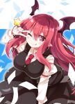  1girl akaneya bat_wings bow bowtie demon_girl demon_tail demon_wings head_wings koakuma library long_hair red_bow red_bowtie redhead skirt skirt_set solo tail touhou voile wings 