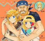  2boys 2girls bandana bangs beard bird black_hairband blonde_hair blue_eyes blue_headwear blue_shirt blunt_bangs blush brother_and_sister character_name chicken child closed_eyes closed_mouth commentary cucco dress earrings facial_hair family father_and_daughter father_and_son grey_shirt grin hair_tie hairband hand_up hands_up holding holding_sword holding_weapon hug hug_from_behind jewelry link long_sleeves looking_at_viewer multiple_boys multiple_girls mustache open_mouth orange_background orange_hair pointy_ears ponytail scar scar_on_arm sheath sheathed shijima_(4jima) shirt short_hair short_sleeves siblings sidelocks simple_background smile split_mouth sword teeth the_legend_of_zelda the_legend_of_zelda:_breath_of_the_wild the_legend_of_zelda:_breath_of_the_wild_master_works tied_hair translated upper_body v weapon white_dress younger 