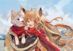  1girl ;d absurdres ahoge animal animal_ears arknights bangs blonde_hair blue_sky blush breath ceobe_(arknights) cold day dog dog_ears eyebrows_visible_through_hair floating_hair highres holding holding_animal holding_dog kirrrara long_hair long_sleeves looking_at_viewer one_eye_closed outdoors red_eyes red_scarf scarf shared_scarf shiba_inu sky smile solo teeth upper_body upper_teeth very_long_hair wind 