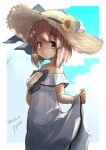  1girl absurdres blue_sky brown_eyes brown_hair clouds commentary_request dated dress fyuo hat highres kantai_collection looking_at_viewer official_alternate_costume short_hair skirt_hold sky solo speaking_tube_headset straw_hat sun_hat sundress twitter_username white_dress yukikaze_(kancolle) 