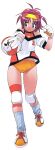  1girl absurdres ball bangs blue_eyes buruma clenched_hand eyebrows_visible_through_hair full_body hairband highres holding holding_ball knee_pads medium_hair midriff_peek numbered orange_buruma original redhead scan shoes short_sleeves simple_background smile sneakers solo volleyball white_background yoshizaki_mine 