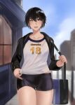  1girl bag bike_shorts black_eyes black_hair black_jacket blurry bookbag collarbone depth_of_field hair_between_eyes highres hunyan jacket looking_at_viewer one_eye_closed original school_bag shirt signature smile solo thigh_gap thighs white_shirt window 