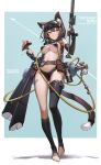  1girl absurdres animal_ear_fluff animal_ears asymmetrical_legwear bangs barcode barcode_tattoo belt belt_pouch bikini bilibili_xiaolu black_bikini black_gloves black_legwear breasts brown_belt brown_hair cat_ears cat_girl cat_tail chinese_commentary commentary_request detached_sleeves eyebrows_visible_through_hair fingerless_gloves flippers food full_body gloves goggles goggles_on_head gun hair_between_eyes highres holding holding_gun holding_knife holding_weapon kneehighs knife large_breasts long_sleeves looking_away original pink_eyes pouch scuba_tank short_hair sideways_glance single_kneehigh single_thighhigh smile solo standing stomach string_bikini swimsuit tail tattoo thigh-highs toeless_legwear uneven_legwear weapon 