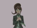  1girl :o asahina_aoi bangs black_jacket brown_hair brown_necktie collared_shirt danganronpa_(series) danganronpa_3_(anime) eyebrows_visible_through_hair grey_background grey_shirt hands_up jacket necktie official_alternate_costume own_hands_together ponytail qosic shirt simple_background solo tears upper_body 
