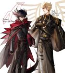  2boys 2rzmcaizerails6 absurdres adjusting_clothes adjusting_gloves bangs belt belt_buckle black_belt black_coat black_gloves black_hair black_jacket black_pants black_rose_dragon black_rose_dragon_(cosplay) blonde_hair blue_eyes buckle character_name coat cosplay dragon_tail earthbound_immortal_aslla_piscu earthbound_immortal_aslla_piscu_(cosplay) eyebrows_visible_through_hair fingerless_gloves fudou_yuusei gloves hair_between_eyes highres jack_atlas jacket jacket_on_shoulders long_sleeves looking_at_viewer male_focus multiple_boys necktie pants short_hair_with_long_locks sidelocks solo spiky_hair standing tail white_background yellow_necktie yu-gi-oh! yu-gi-oh!_5d&#039;s 