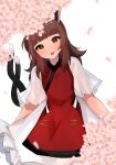  1girl :3 animal_ear_fluff animal_ears bangs blunt_bangs blush branch brown_eyes brown_hair cat_ears cat_tail chen cherry_blossoms chinese_clothes dress eyelashes falling_petals foul_detective_satori frilled_dress frills head_tilt highres looking_at_viewer majime_joe medium_hair multiple_tails nekomata open_mouth petals sidelocks simple_background solo standing tail tongue touhou two_tails white_background white_dress 