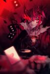  1boy ahoge bangs black_gloves card choker collarbone crossed_bangs crown cup dripping flaming_eye gloves hair_between_eyes heart heart_ahoge heart_print highres holding holding_cup ink ink_on_face inkblot kakkou_(kakkkkkou) looking_at_viewer male_focus mini_crown overblot overflow parted_lips playing_card red_background red_eyes redhead riddle_rosehearts saucer short_hair sitting smile solo teacup torn_clothes twisted_wonderland 
