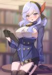  1girl absurdres ako_(blue_archive) bell black_gloves black_legwear blue_archive blue_eyes blue_hair blurry blurry_background blush bookshelf breasts buttons double-breasted ear_piercing earrings embarrassed garter_belt gloves gradient_eyes hair_between_eyes hairband half_gloves hand_on_table highres holding indoors jewelry large_breasts long_hair long_sleeves looking_at_viewer multicolored_eyes neck_bell piercing sbgu shiny shiny_hair sideboob skindentation solo table tearing_up thigh-highs violet_eyes zettai_ryouiki 