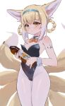  1girl absurdres animal_ear_fluff animal_ears arknights bare_shoulders black_leotard blonde_hair blue_hairband blush bottle bow bowtie breasts closed_mouth collar commentary detached_collar dress fox_ears fox_girl fox_tail groin hair_rings hairband highres holding holding_bottle iiii kitsune leotard looking_at_viewer orange_bow orange_bowtie pantyhose simple_background small_breasts solo strapless strapless_dress suzuran_(arknights) tail white_background white_collar white_legwear wrist_cuffs yellow_eyes 