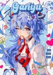  1girl alternate_costume blue_hair character_name choker ganyu_(genshin_impact) genshin_impact goat_horns hair_between_eyes hair_ornament highres horns light_smile long_hair looking_at_viewer mouth_hold one_eye_closed outside_border solo violet_eyes yeurei 