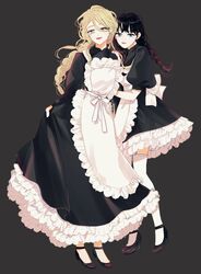  2girls apron black_hair blonde_hair blue_eyes bow braid frills grey_background high_heels long_hair maid maid_apron maid_headdress moo9mom multiple_girls original ribbon skirt_hold smile thigh-highs twin_braids wavy_hair white_eyes white_legwear 