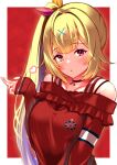  1girl absurdres alternate_costume bare_shoulders blonde_hair blush breasts commentary_request equal_(heartstrings) hair_ornament highres hoshikawa_sara long_hair looking_at_viewer nijisanji open_mouth red_eyes ribbon side_ponytail solo virtual_youtuber x_hair_ornament yellow_eyes 