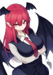 1girl bangs bat_wings black_skirt black_vest blush breast_hold breasts buttons closed_mouth collared_shirt commentary_request crossed_arms dress_shirt evil_smile eyebrows_visible_through_hair eyelashes garasuno hair_between_eyes head_wings heart highres koakuma large_breasts lips long_hair long_sleeves looking_at_viewer necktie pink_background pointy_ears red_eyes red_necktie red_neckwear redhead shirt sidelocks simple_background skirt skirt_set smile solo standing tail touhou valentine very_long_hair vest white_shirt wing_collar wings