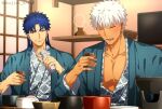  2boys akujiki59 alcohol archer_(fate) blue_hair bottle choko_(cup) closed_eyes cu_chulainn_(fate) cu_chulainn_(fate/stay_night) cup dark-skinned_male dark_skin earrings fate/grand_order fate/stay_night fate_(series) holding japanese_clothes jewelry kimono long_hair male_focus mature_male multiple_boys open_mouth pectoral_cleavage pectorals ponytail red_eyes sake sake_bottle short_hair smile white_hair yukata 