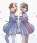  2girls absurdres aftamc blue_bow blue_bowtie blue_dress blue_eyes blue_hairband bow bowtie closed_mouth commentary dress english_commentary falling_petals feet_out_of_frame gloves gradient gradient_background grey_hair hair_bow hair_ribbon hairband highres holding_hands looking_at_viewer love_live! love_live!_superstar!! medium_hair multiple_girls orange_hair parted_lips petals pink_bow pink_bowtie pink_dress ribbon shibuya_kanon short_hair sleeveless sleeveless_dress smile tang_keke thigh-highs two-tone_dress violet_eyes white_background white_dress white_gloves white_legwear white_ribbon 